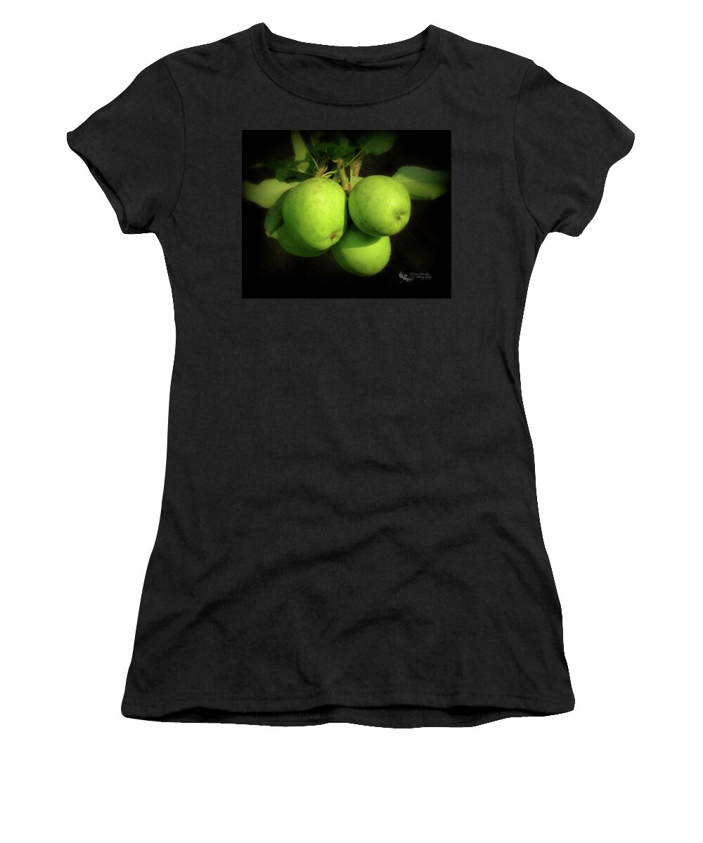 Fruit Women's T-Shirt featuring the digital art Green Apples on Dark Brown Silk by Denise Winship
