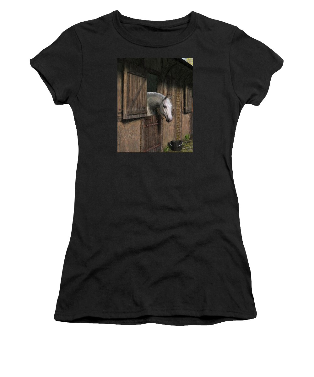 Horse Women's T-Shirt featuring the digital art Grey Horse in the Stable - Waiting for Dinner by Jayne Wilson