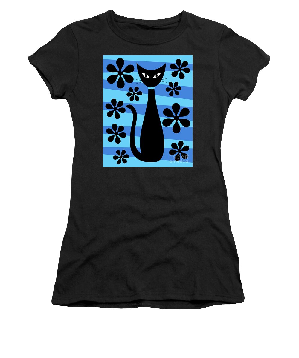 Donna Mibus Women's T-Shirt featuring the digital art Groovy Flowers with Cat Blue and Light Blue by Donna Mibus
