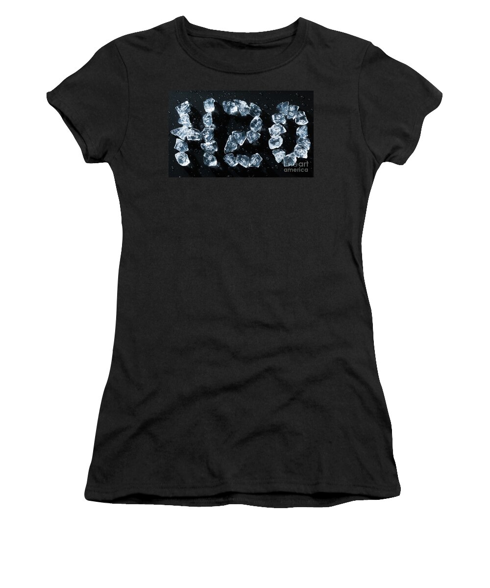 H2o Women's T-Shirt featuring the photograph H2O water symbol written in ice cubes and melting by Simon Bratt