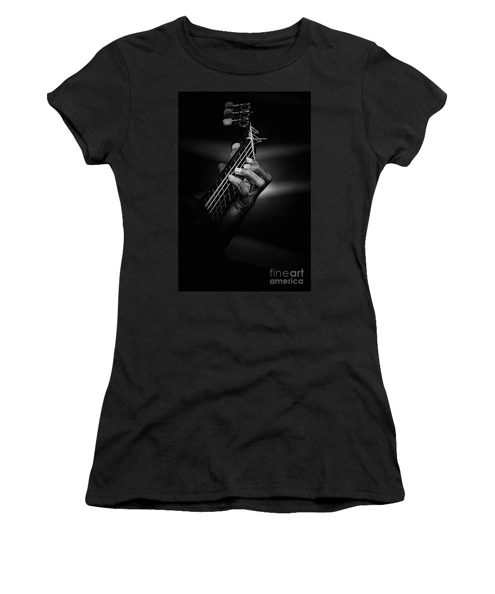 Guitar Women's T-Shirt featuring the photograph Hand of a guitarist in monochrome by Sheila Smart Fine Art Photography
