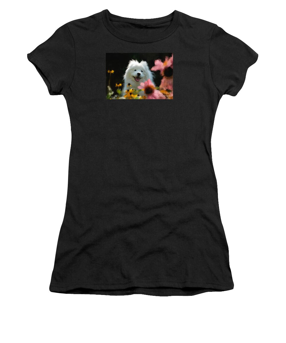 Dog Women's T-Shirt featuring the digital art Happy Gal In The Garden by Lois Bryan