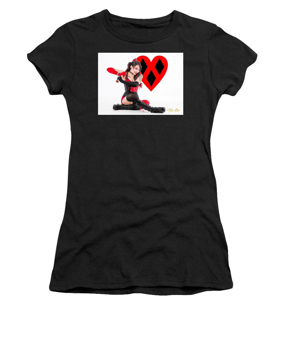 Action Figure Women's T-Shirt featuring the photograph Harley Quinn ready to swing by Rikk Flohr