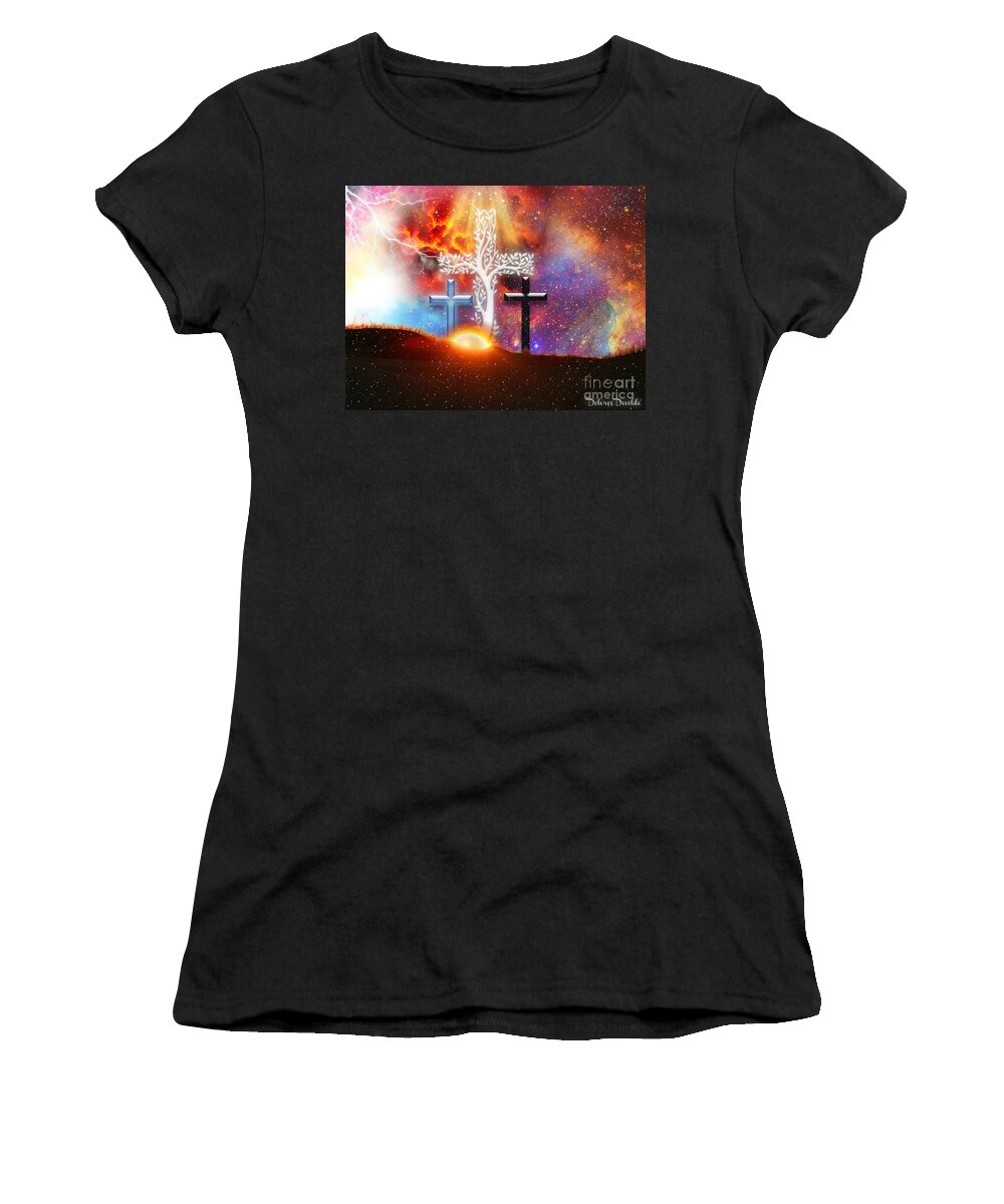 Cross Women's T-Shirt featuring the mixed media He Has Risen by Dolores Develde
