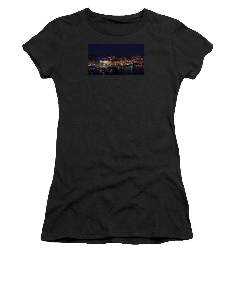 Da 18-135 Wr Women's T-Shirt featuring the photograph Heinz Field at Night from Mt Washington by Lori Coleman