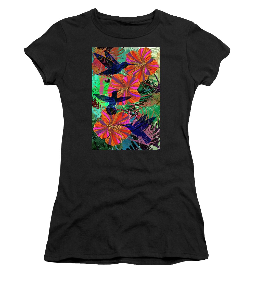  Women's T-Shirt featuring the digital art Hibiscus and Hummers by Sandra Selle Rodriguez