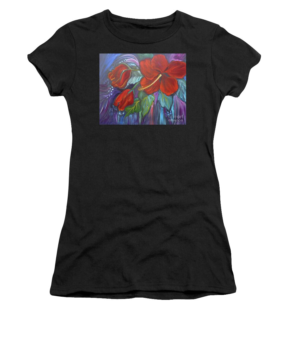 Hibiscus Women's T-Shirt featuring the painting Hibiscus Whimsy by Jenny Lee