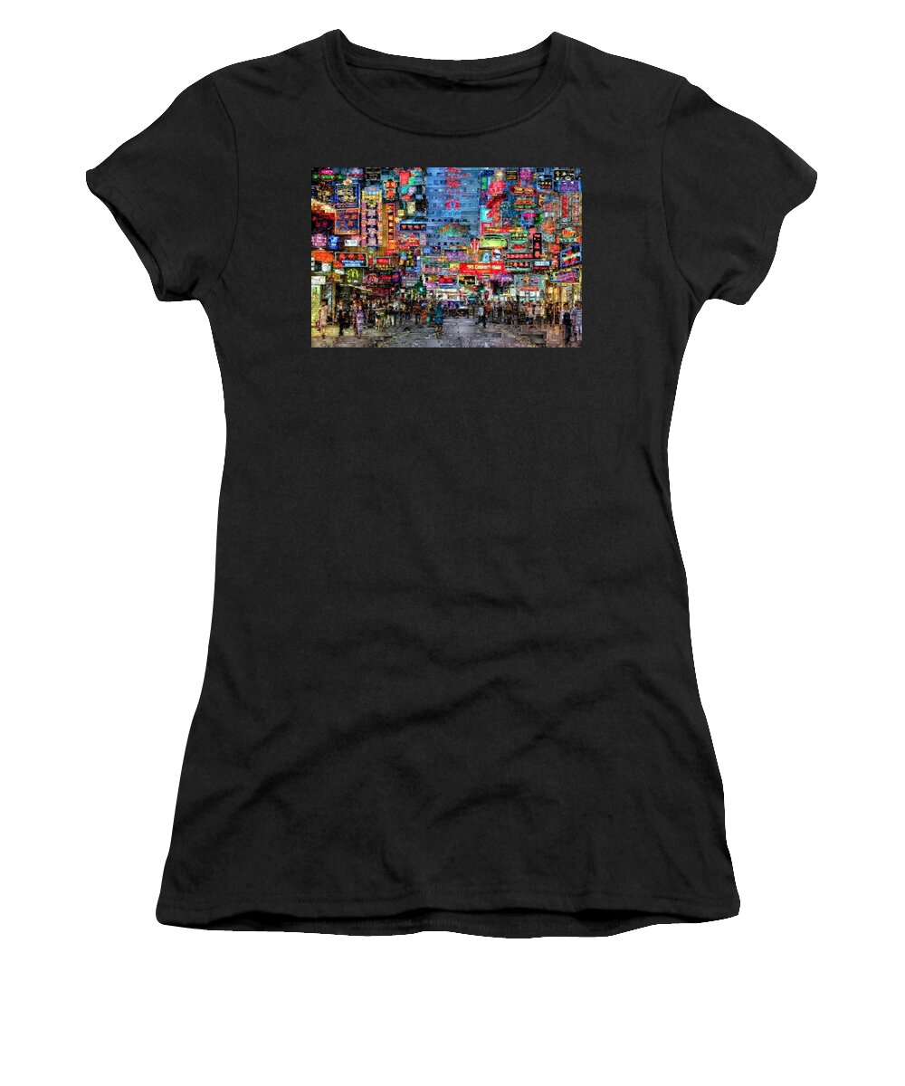 Rafael Salazar Women's T-Shirt featuring the digital art Hong Kong City Nightlife by Rafael Salazar