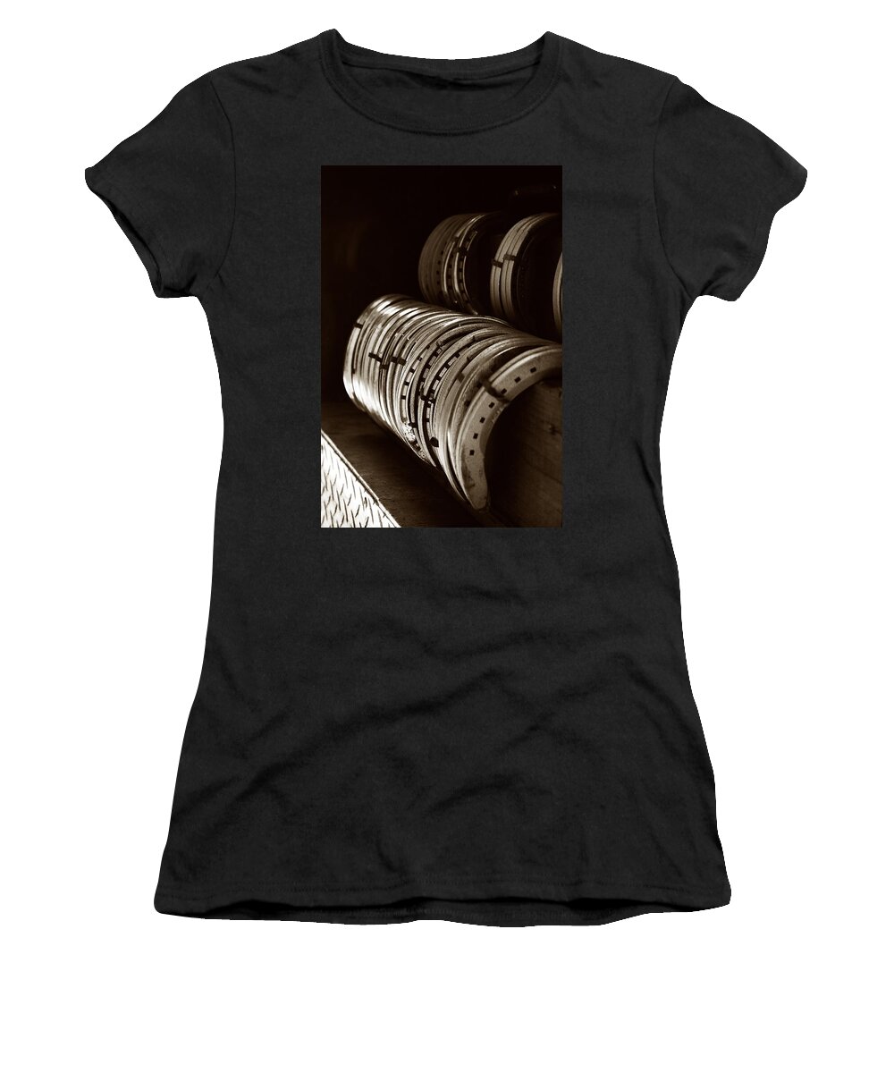 Farrier Women's T-Shirt featuring the photograph Horse Shoes in Sepia by Angela Rath