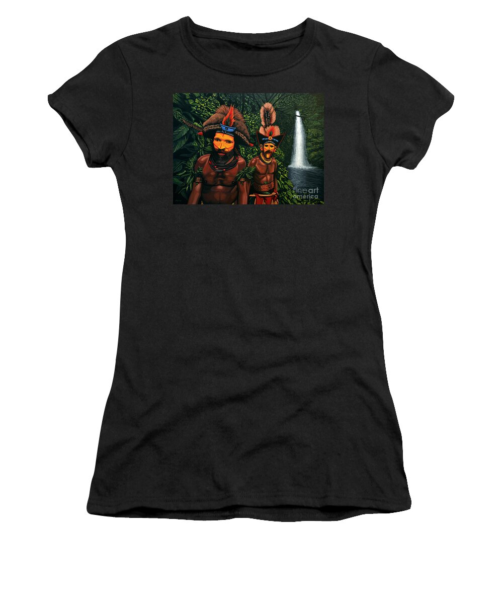 Papua New Guinea Women's T-Shirt featuring the painting Huli men in the jungle of Papua New Guinea by Paul Meijering