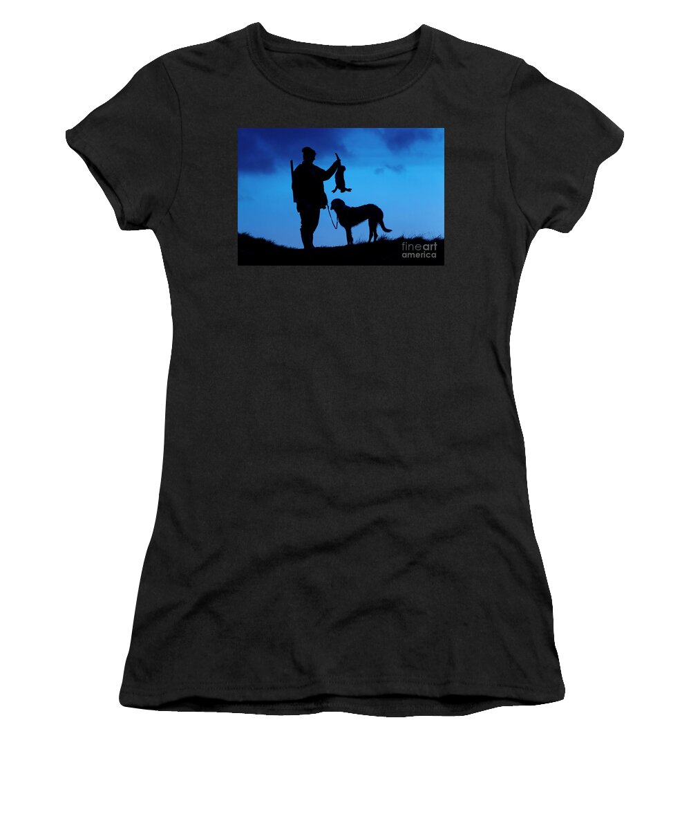 Hunter Women's T-Shirt featuring the photograph Hunter with Hare at Sunset by Arterra Picture Library