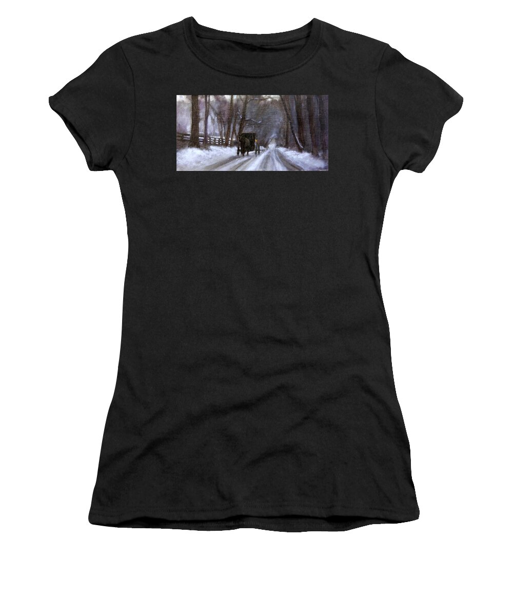 Winter Road Women's T-Shirt featuring the painting Hurrying Home by David Zimmerman