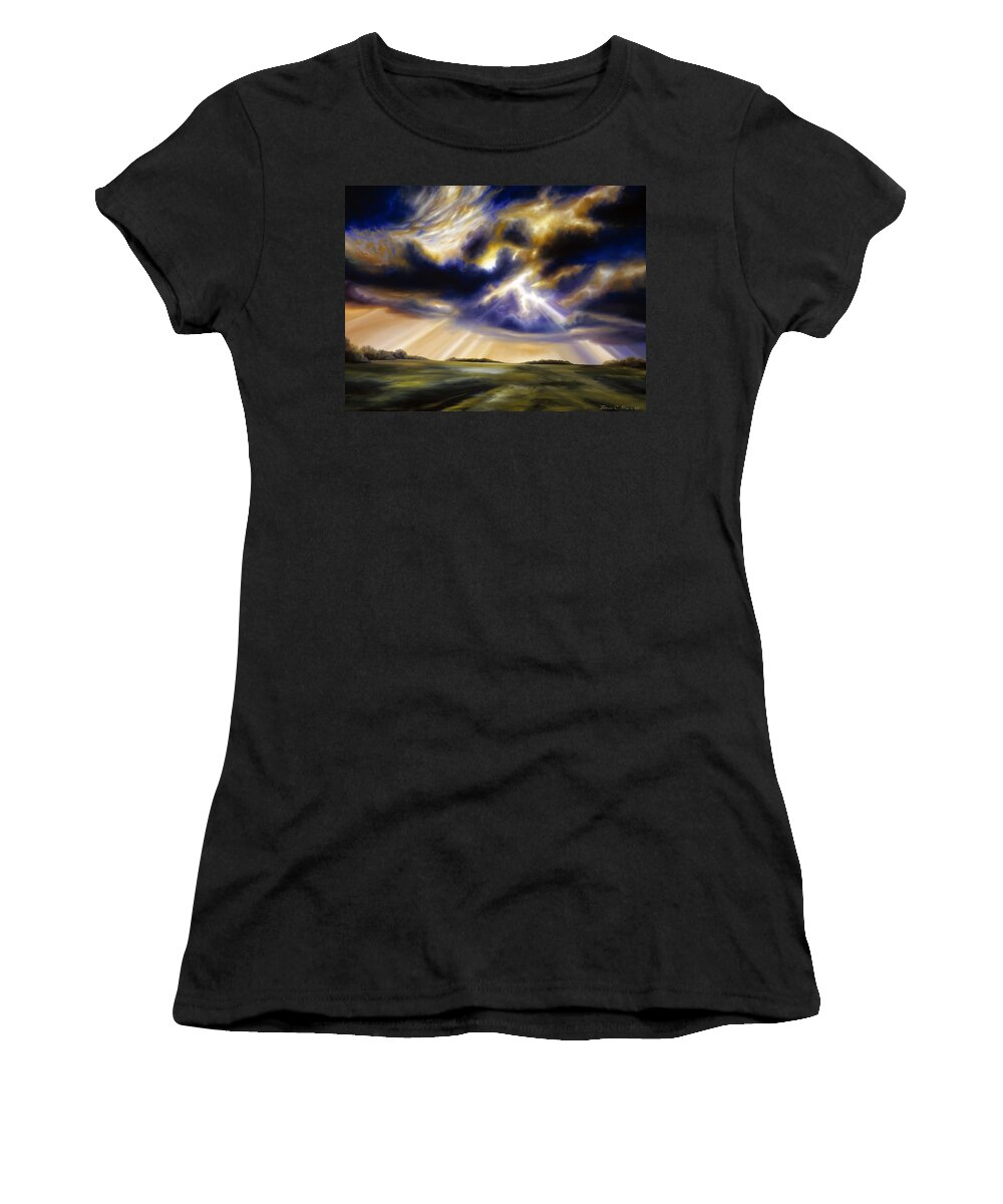 Sunrise; Sunset; Power; Glory; Cloudscape; Skyscape; Purple; Red; Blue; Stunning; Landscape; James C. Hill; James Christopher Hill; Jameshillgallery.com; Ocean; Lakes; Storms; Lightning; Rain; Rays; God Women's T-Shirt featuring the painting Iowa Storms by James Hill