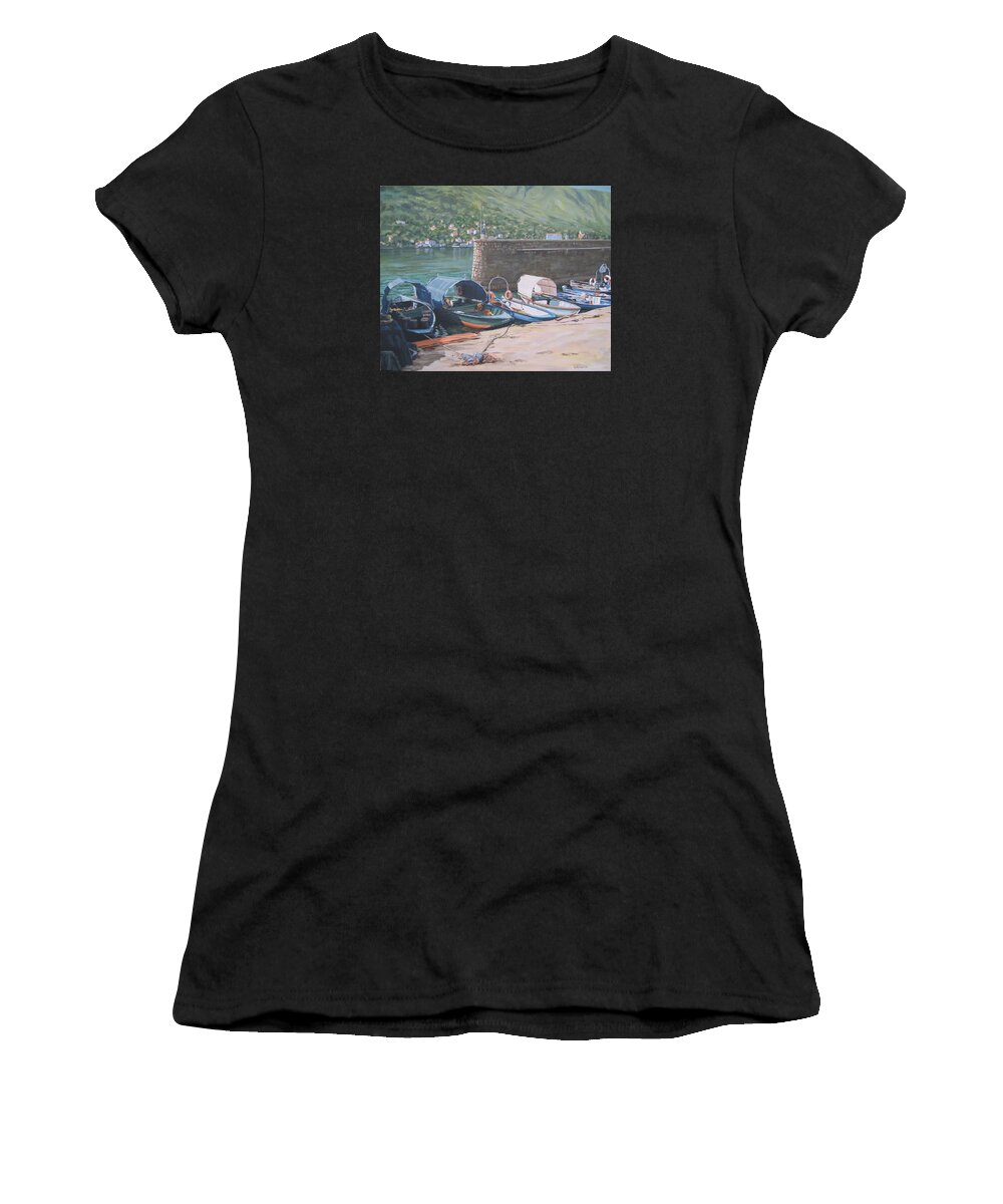 Boats Women's T-Shirt featuring the painting Isola Pescatori Fishing Boats by Connie Schaertl
