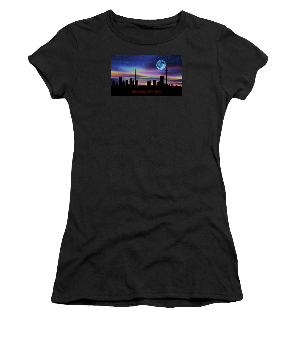 Skyline Women's T-Shirt featuring the digital art Johannesburg South Africa Twilight Skyline by Gregory Murray