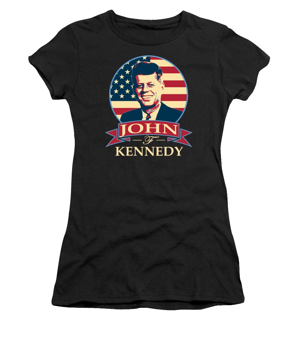Jfk Women's T-Shirt featuring the digital art John F Kennedy American Banner Pop Art by Filip Schpindel