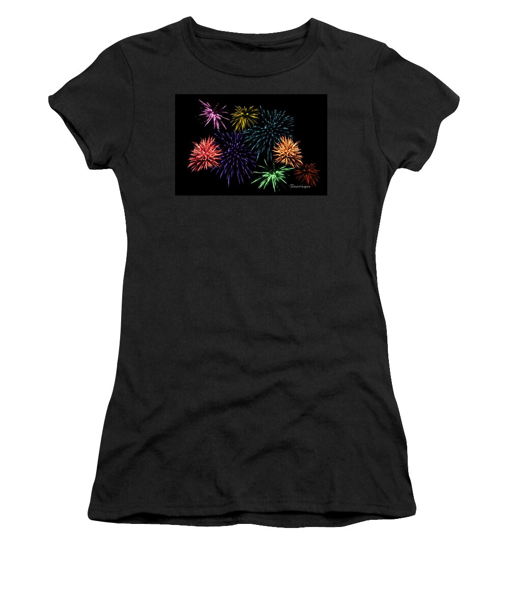 Fireworks Women's T-Shirt featuring the photograph July Fireworks Montage by Terri Harper
