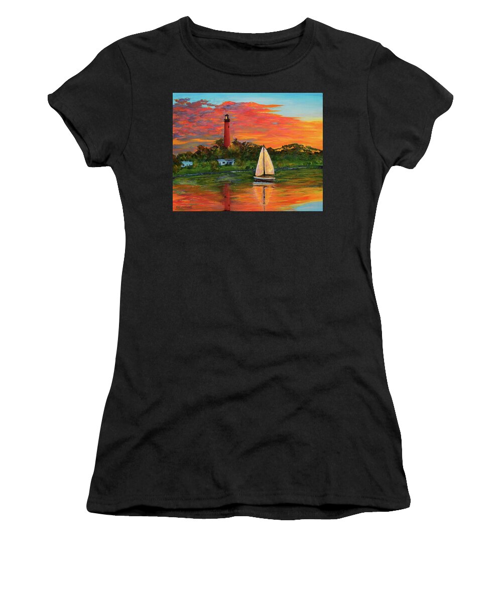 Delray Women's T-Shirt featuring the painting Jupiter Lighthouse Sunrise Alt by Ken Figurski