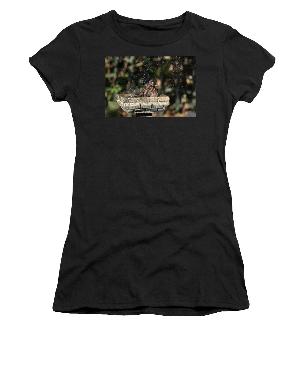Blackbird Women's T-Shirt featuring the photograph Juvenile Blackbird Washing by Chris Day