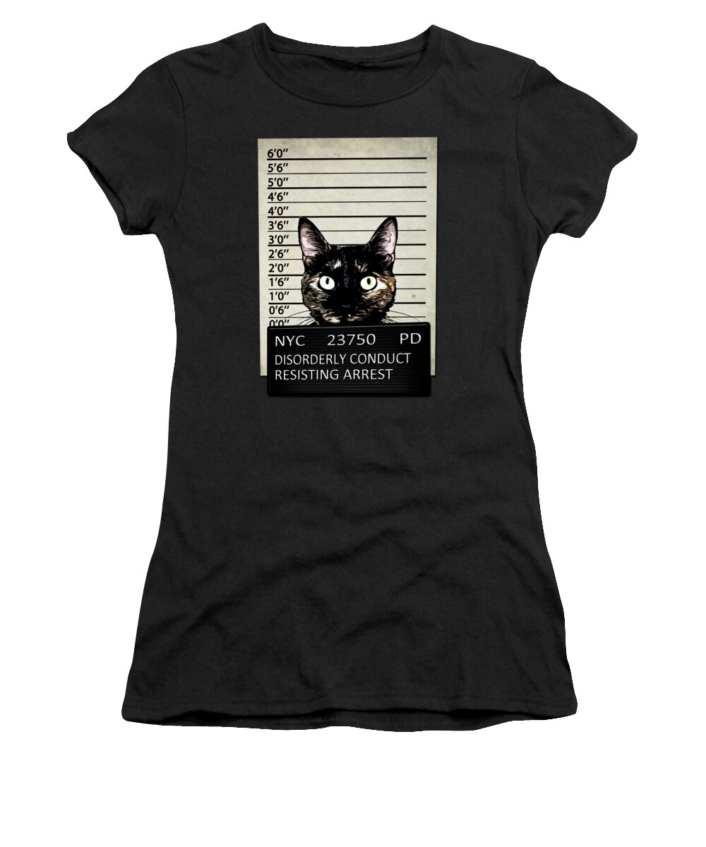 Cat Kitty Kittycat Feline Animal Criminal Mugshot Jail Prison Arrest Arrested Humor Funny Cute Pet Women's T-Shirt featuring the mixed media Kitty Mugshot by Nicklas Gustafsson