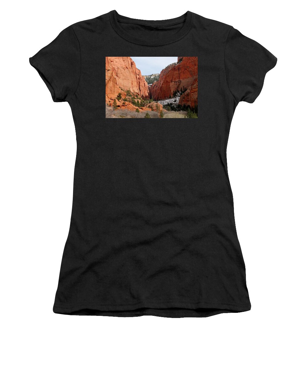 Kolob Canyon Women's T-Shirt featuring the photograph Kolob Canyon Dusted with Snow by Christy Pooschke