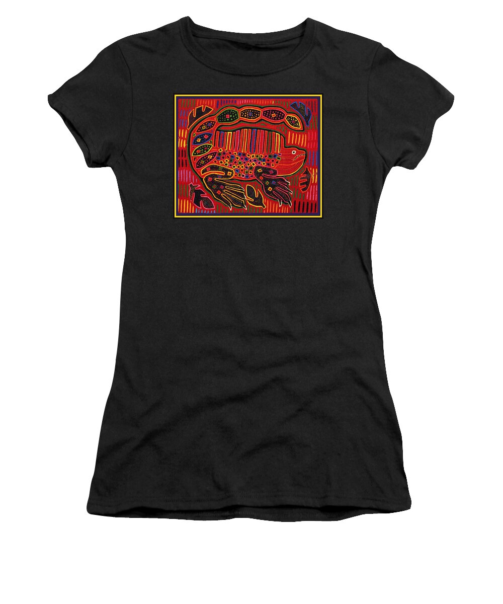 Mola Women's T-Shirt featuring the digital art Kuna Indian Iguana Mola Inspired Design by Vagabond Folk Art - Virginia Vivier