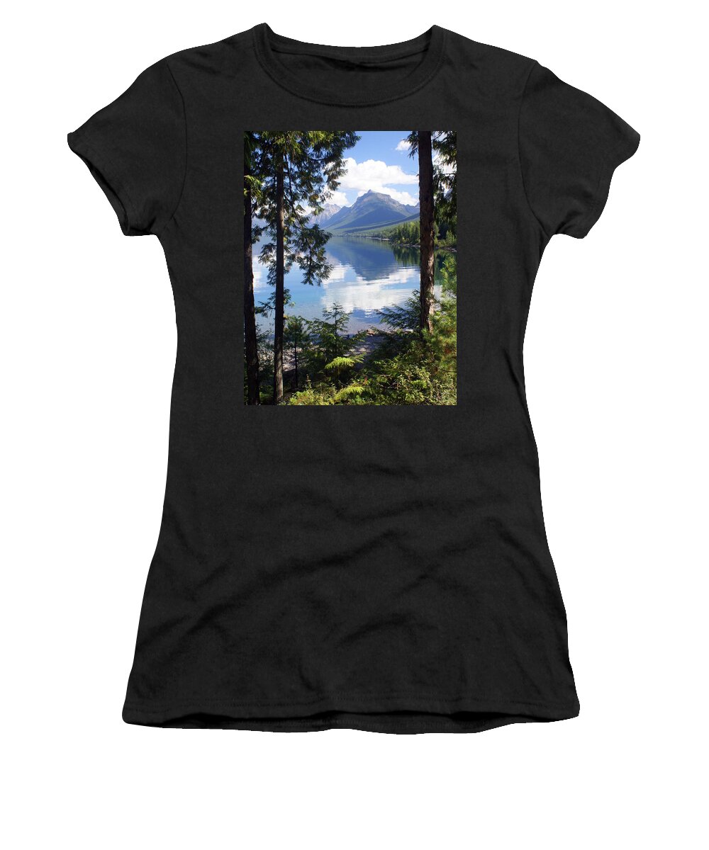 Glacier National Park Women's T-Shirt featuring the photograph Lake McDlonald Through the Trees Glacier National Park by Marty Koch