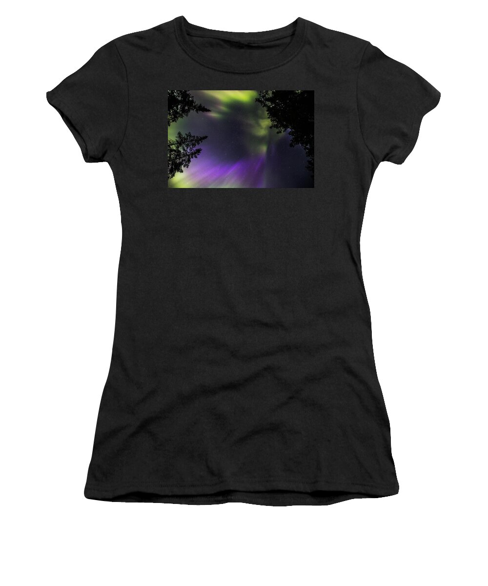 Astrophotography Women's T-Shirt featuring the photograph Lake of the Woods Summer Aurora - Looking Up 01 by Jakub Sisak