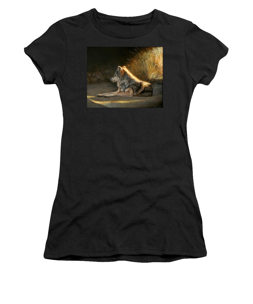 Oil Women's T-Shirt featuring the painting Last Light - Wolf by Linda Merchant