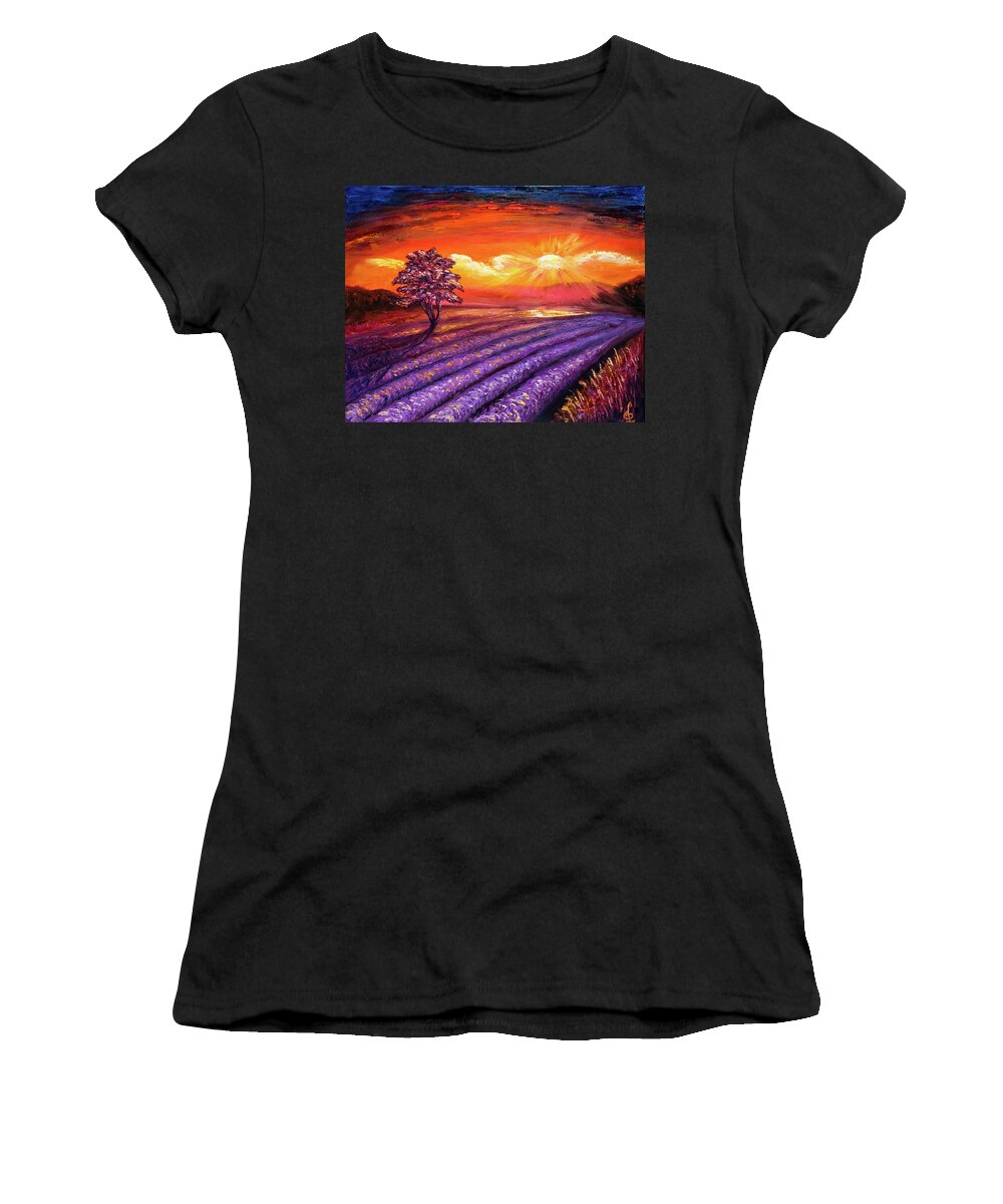 Lavender Women's T-Shirt featuring the painting Lavender field at Sunset by Lilia S