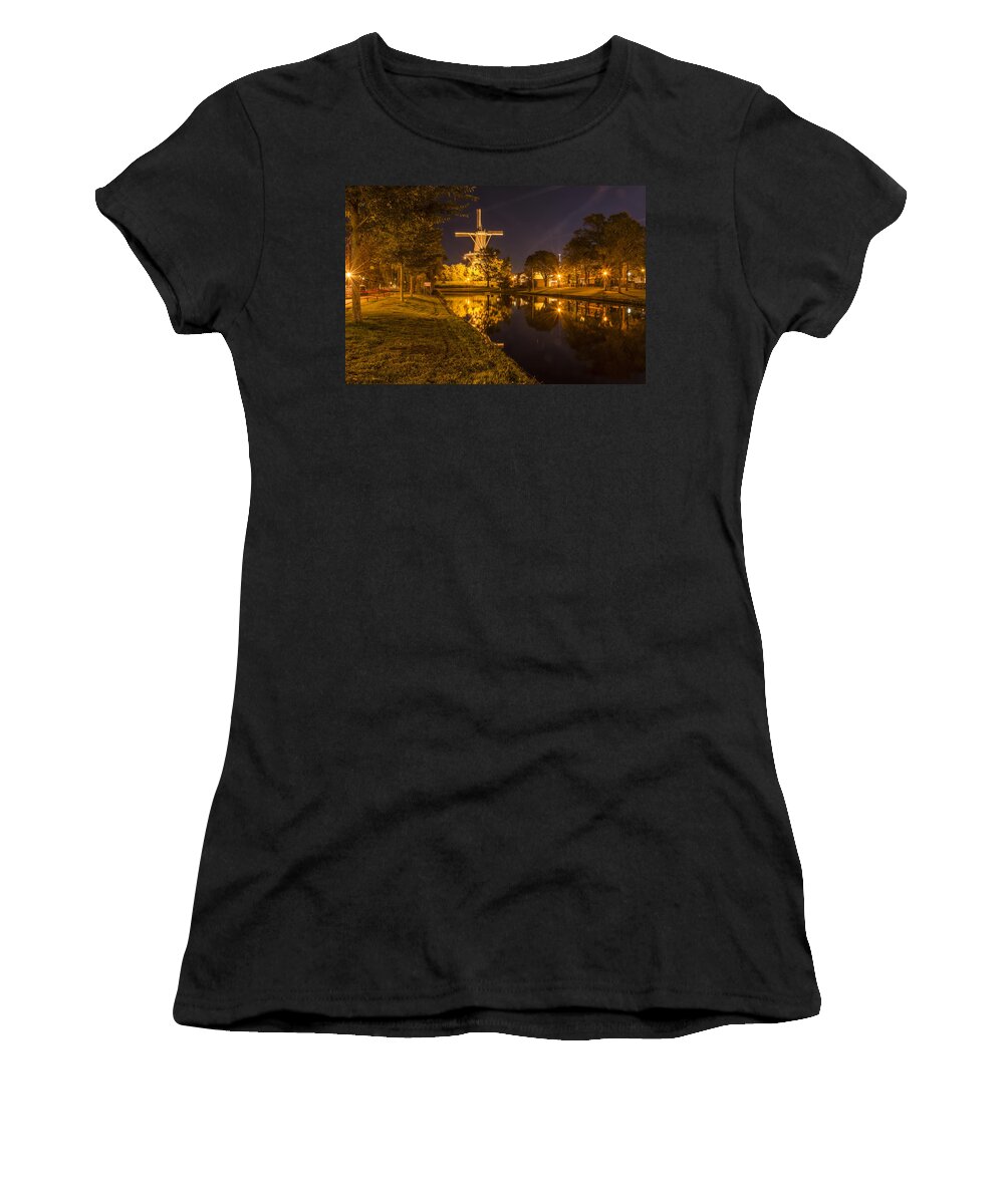Windmill Women's T-Shirt featuring the photograph Leiden Windmill By Night by Frans Blok