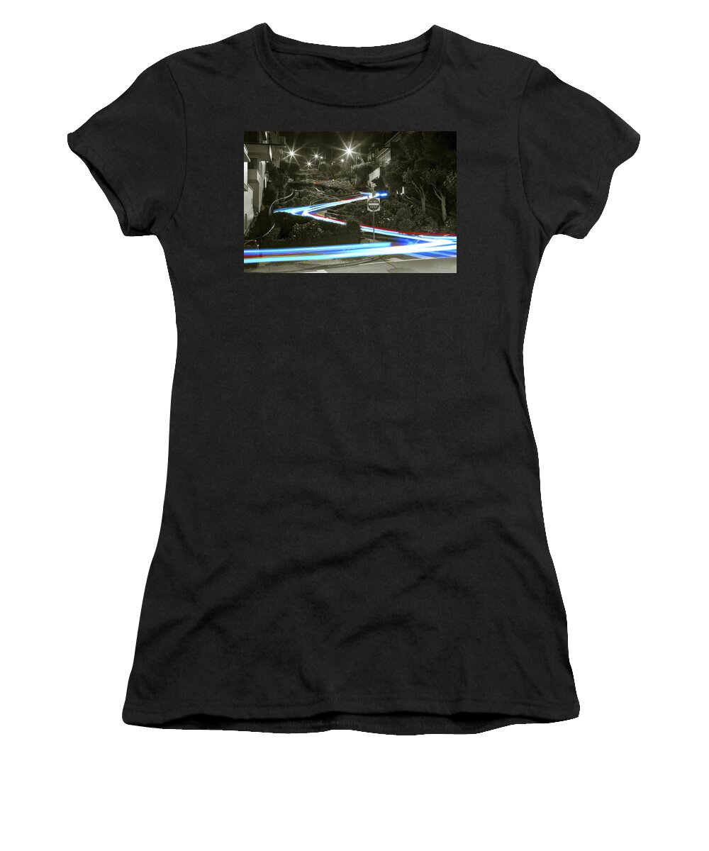 Lights Women's T-Shirt featuring the photograph Lights on Lombard Black and White by Bryant Coffey