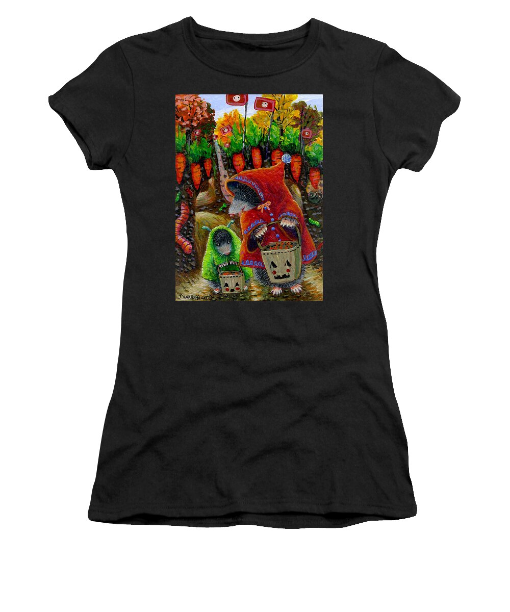 Mole Women's T-Shirt featuring the painting Little Red Riding Mole and Little Green Monster Mole by Jacquelin L Vanderwood Westerman