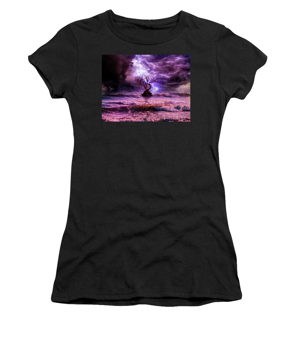 Lonely Tree Women's T-Shirt featuring the photograph Lonely tree and the wild weather by Lilia S