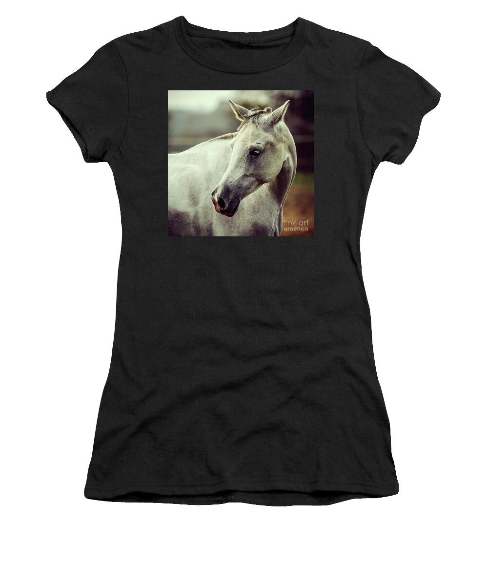 Horse Women's T-Shirt featuring the photograph White horse close up vintage colors portrait by Dimitar Hristov