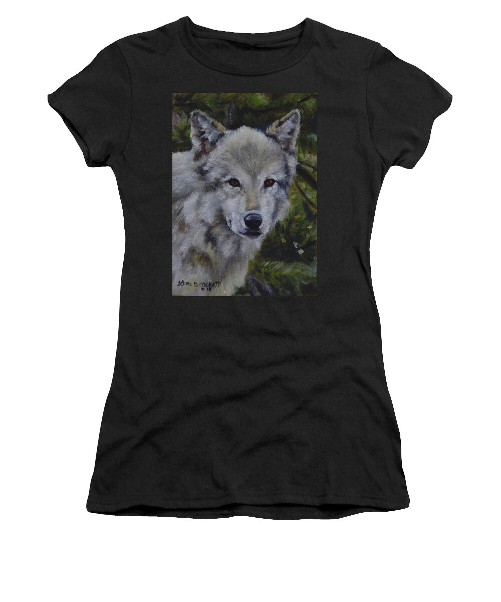 Wolf Women's T-Shirt featuring the painting Lupine Gaze by Lori Brackett