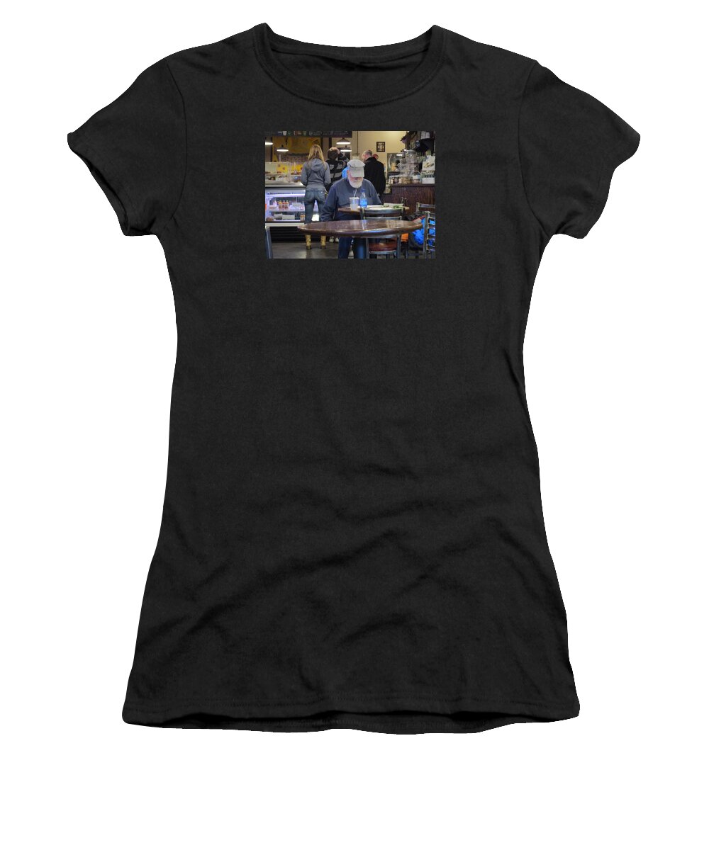 Old Women's T-Shirt featuring the photograph Man Does Not Notice Woman Behind Him by David Lovins