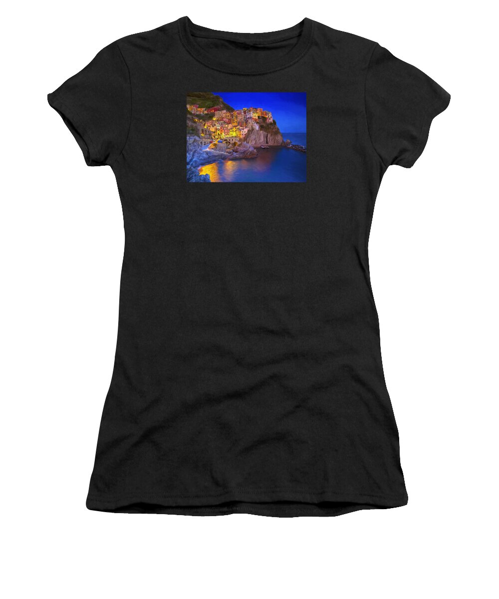 Italy Women's T-Shirt featuring the painting Manarola By Moonlight by Dominic Piperata