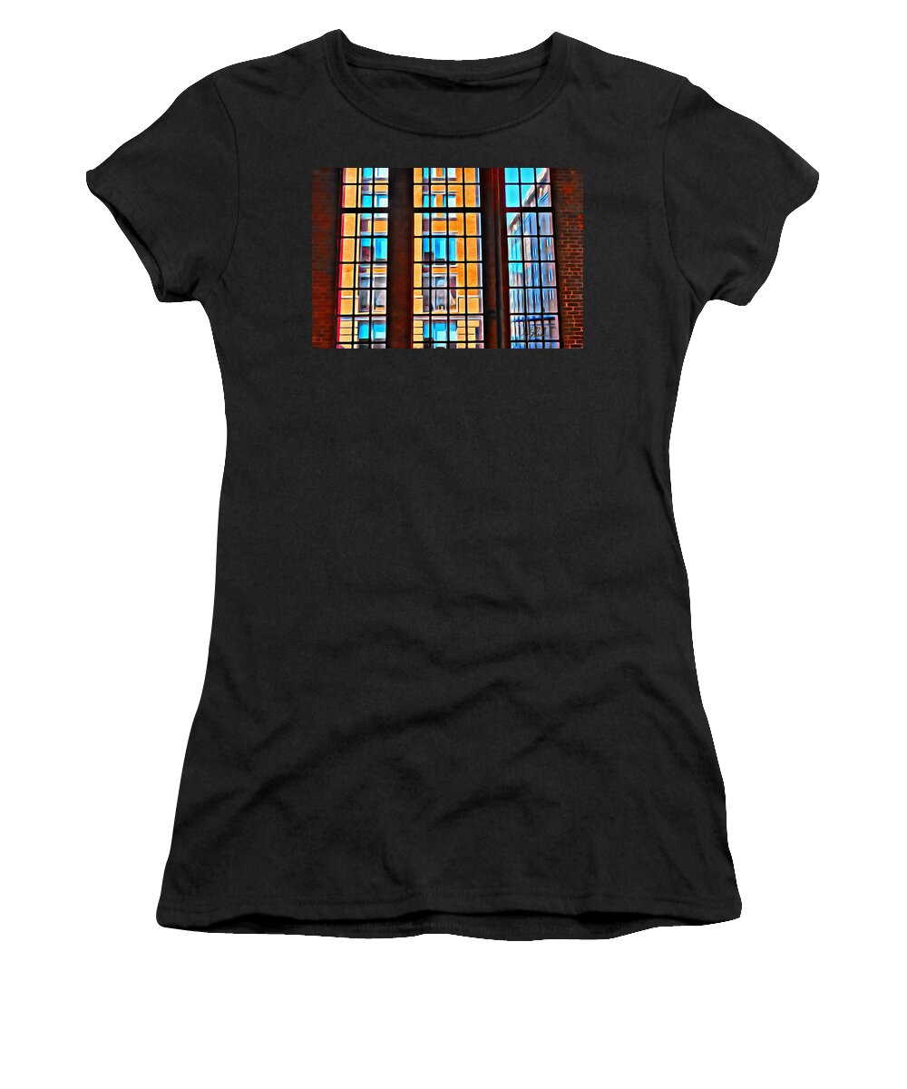Looking Out Of Windows To See Windows Women's T-Shirt featuring the painting Manhattan Windows by Joan Reese