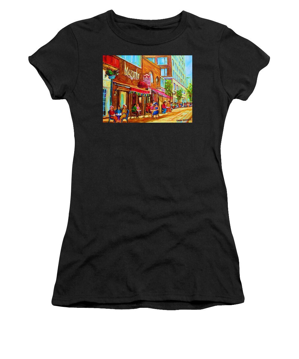 Montreal Streetscene Women's T-Shirt featuring the painting Mazurka Cafe by Carole Spandau