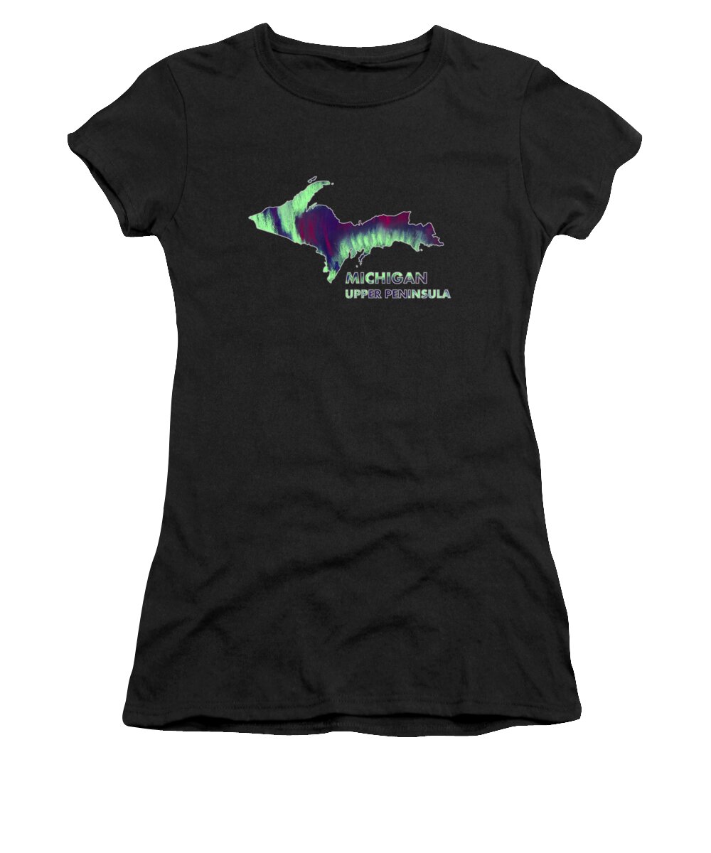 Michigan Women's T-Shirt featuring the digital art Michigan - UP - Northern Lights - Aurora Hunters by Anastasiya Malakhova