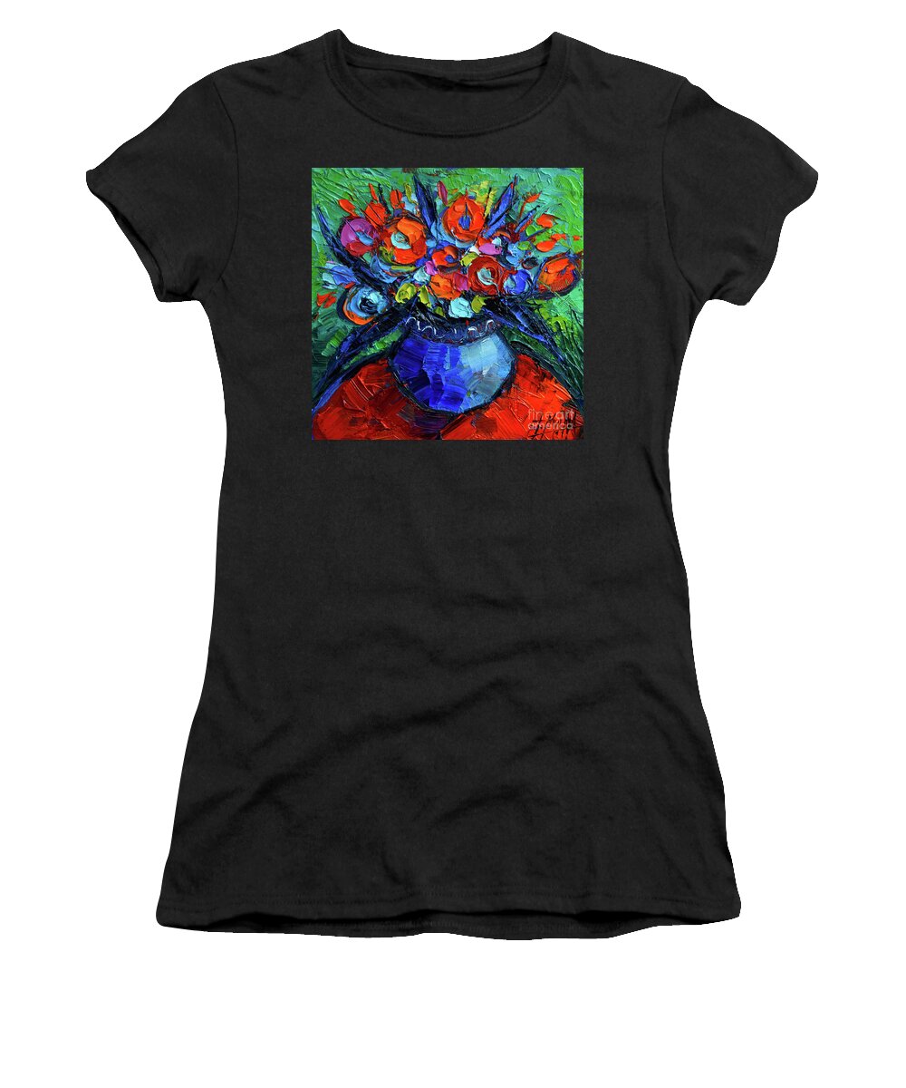 Mini Floral On Red Round Table Women's T-Shirt featuring the painting Mini Floral on Red Round Table by Mona Edulesco