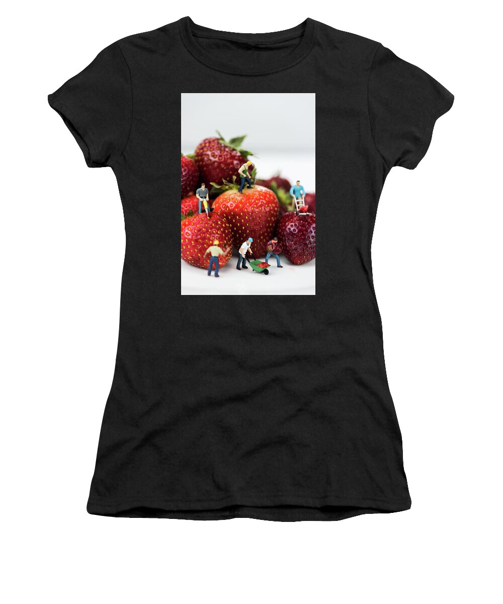 Miniature Photography Women's T-Shirt featuring the photograph Miniature Construction Workers on Strawberries by Tammy Ray