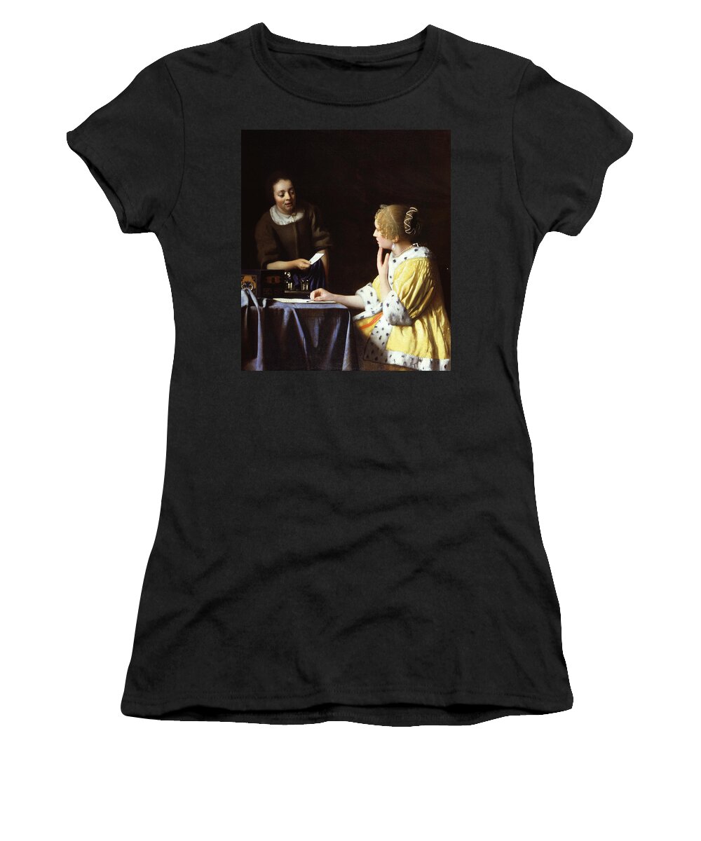 Jan Vermeer Women's T-Shirt featuring the painting Mistress and Maid by Jan Vermeer