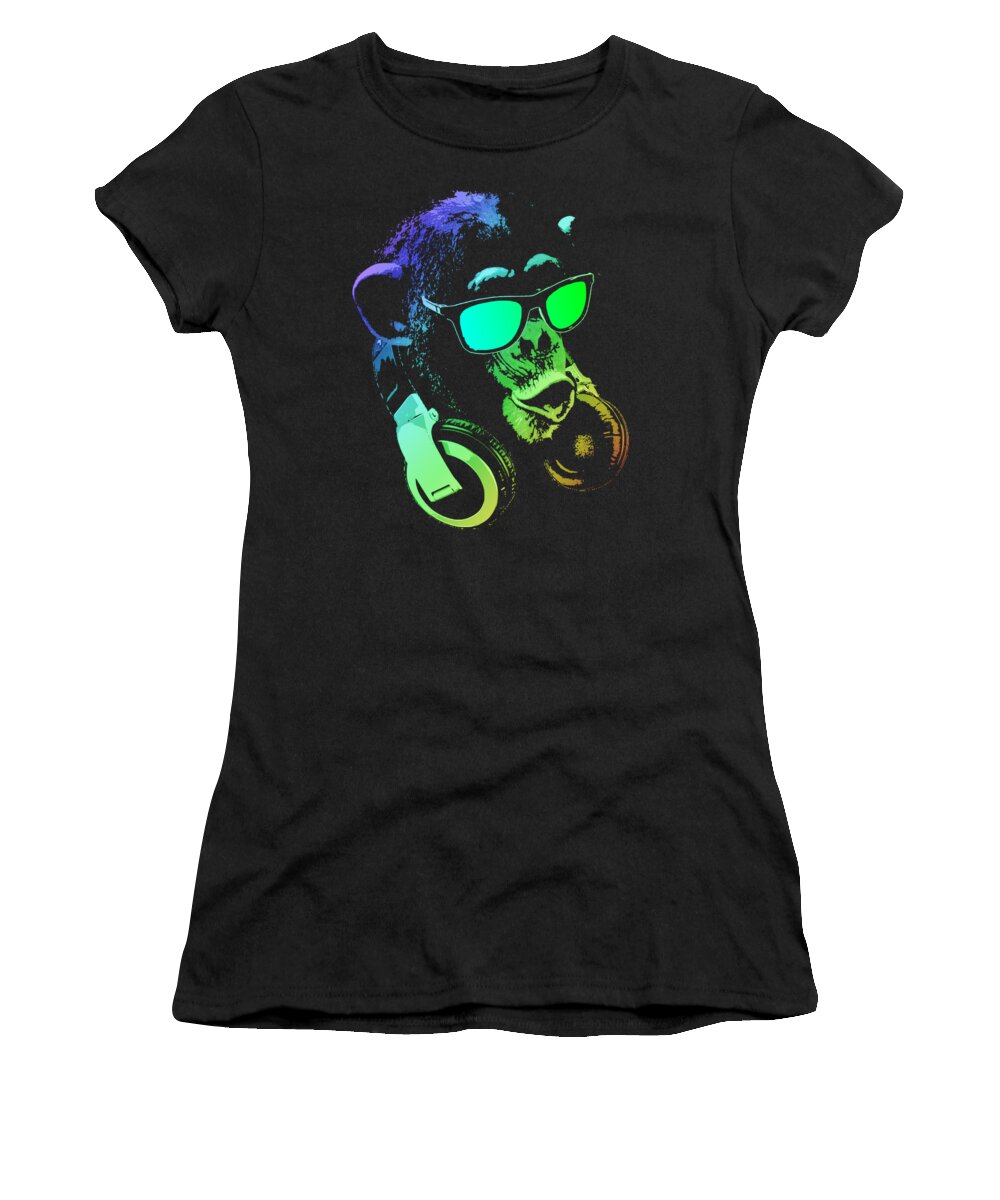 Monkey Women's T-Shirt featuring the mixed media Monkey DJ Neon Light by Megan Miller