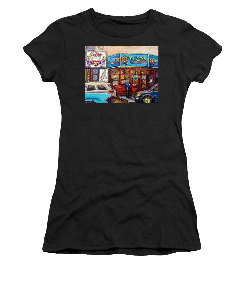 Restaurants Women's T-Shirt featuring the painting Montreal Downtown City Scene Painting Mr Steer Restaurant Store Sign Canadian Art Carole Spandau   by Carole Spandau