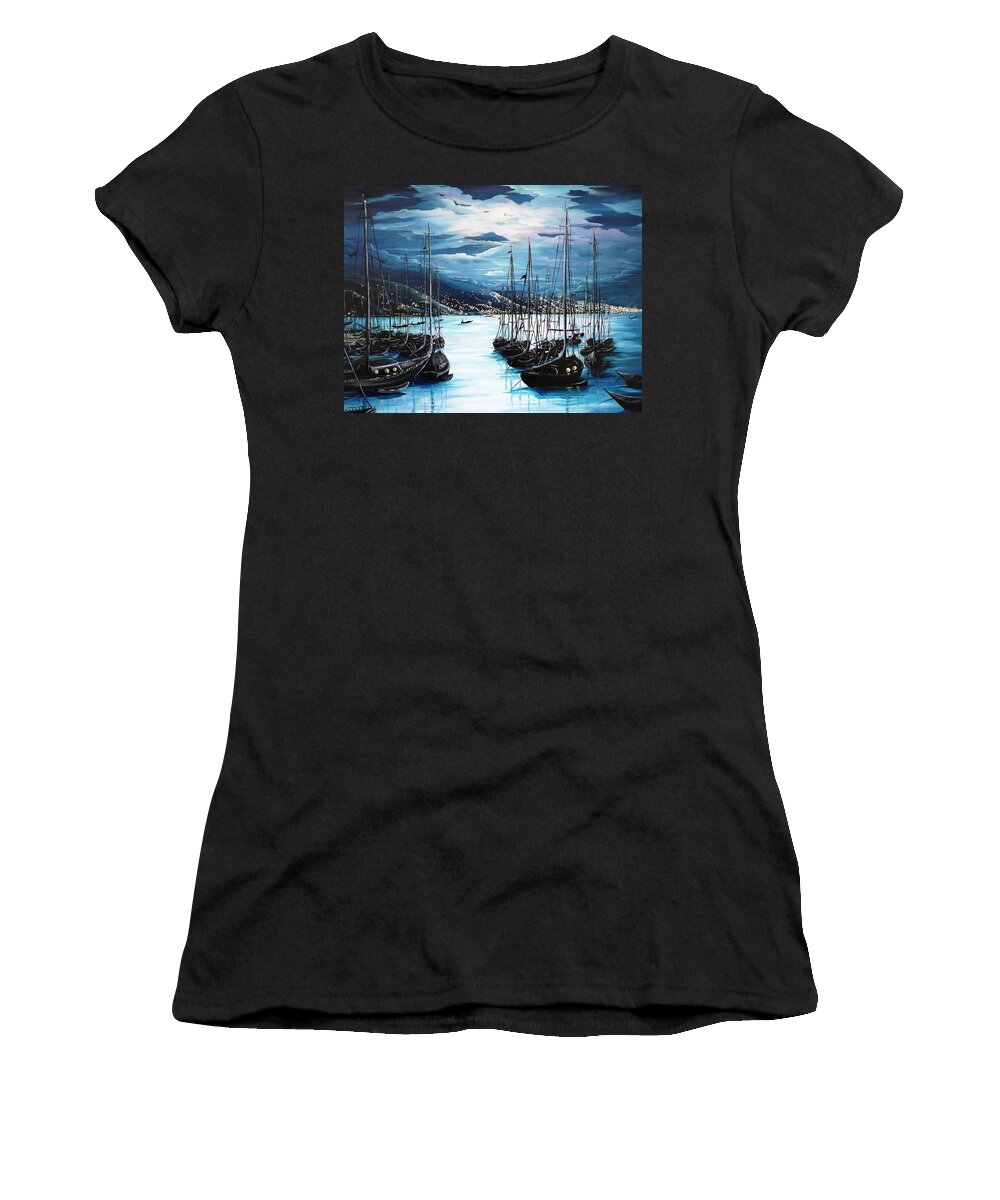 Ocean Painting  Caribbean Seascape Painting Moonlight Painting Yachts Painting Marina Moonlight Port Of Spain Trinidad And Tobago Painting Greeting Card Painting Women's T-Shirt featuring the painting Moonlight Over Port Of Spain by Karin Dawn Kelshall- Best