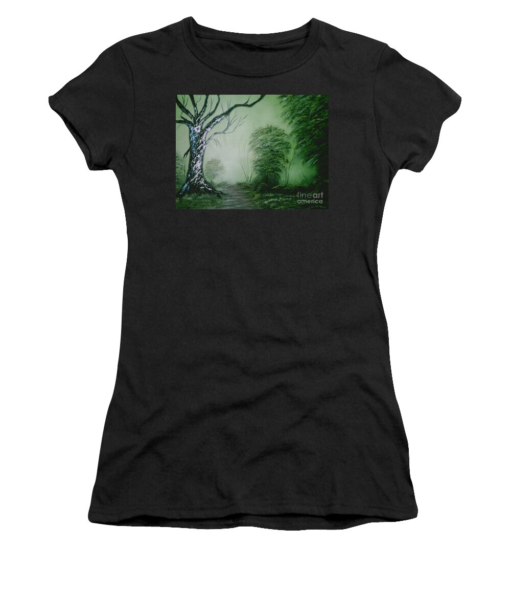 Trees Women's T-Shirt featuring the painting Morning Fog by Jim Saltis