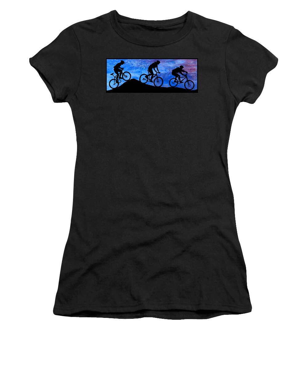Bikers Women's T-Shirt featuring the digital art Mountain Bikers at Dusk by Jenny Armitage