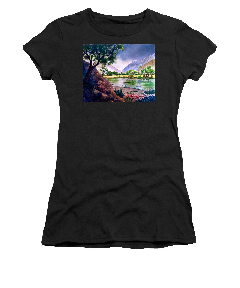Mountains Women's T-Shirt featuring the painting Mountain Lake Memories by Frank SantAgata